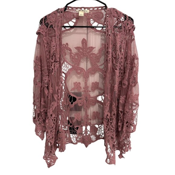 Indigo Thread Co Sz 1X Lace Open Front Cardigan Boho Crochet Mauve Whimsigoth - Picture 1 of 9
